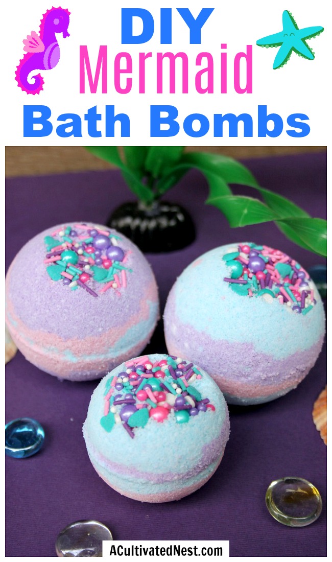 DIY Mermaid Bath Bombs- These DIY mermaid bath bombs have fun colors and make great bubbles! These homemade bath bombs also make great DIY gifts! | DIY bath bombs with a mermaid theme, ocean theme, sea theme, aquatic theme, #DIY #bathBomb #beauty #craft #homemade #diyGift #homemadeGift #mermaid #ACultivatedNest