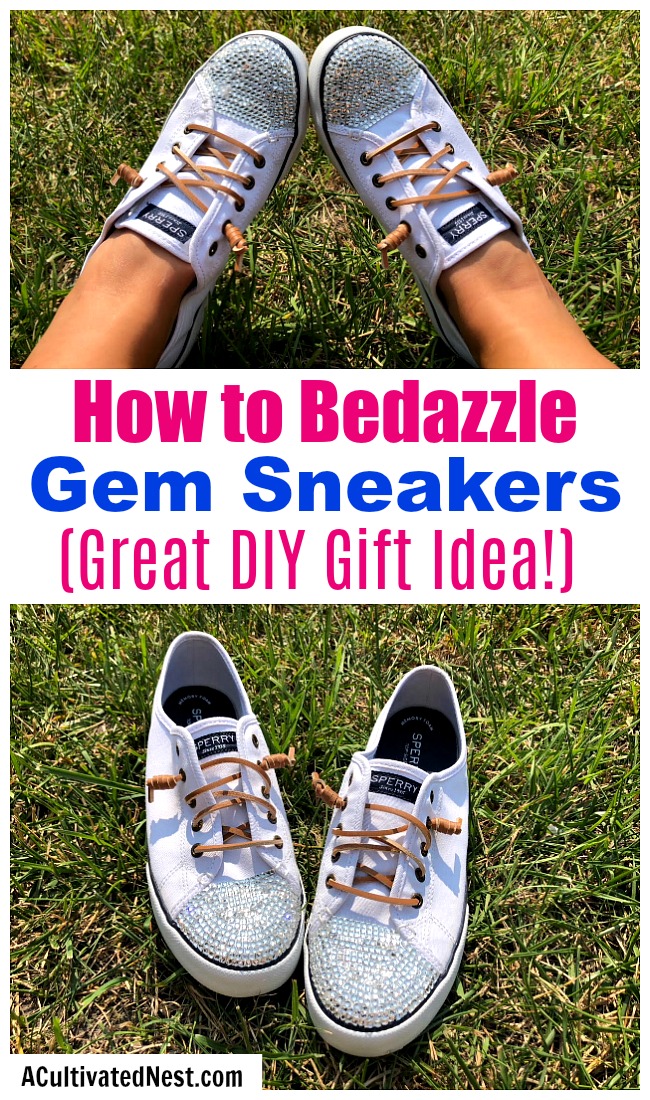 DIY Gem Shoes: How to Bedazzle Sneakers- It's easy to customize your shoes by putting gems on them. Here is how to bedazzle sneakers and make your own DIY gem shoes! These make great DIY gifts! | add rhinestones to shoes, add gems to shoes, #DIY #craft #bedazzle #diyGift #homemade #handmade #diyProject #sneakers #shoes #homemadeGift #ACultivatedNest