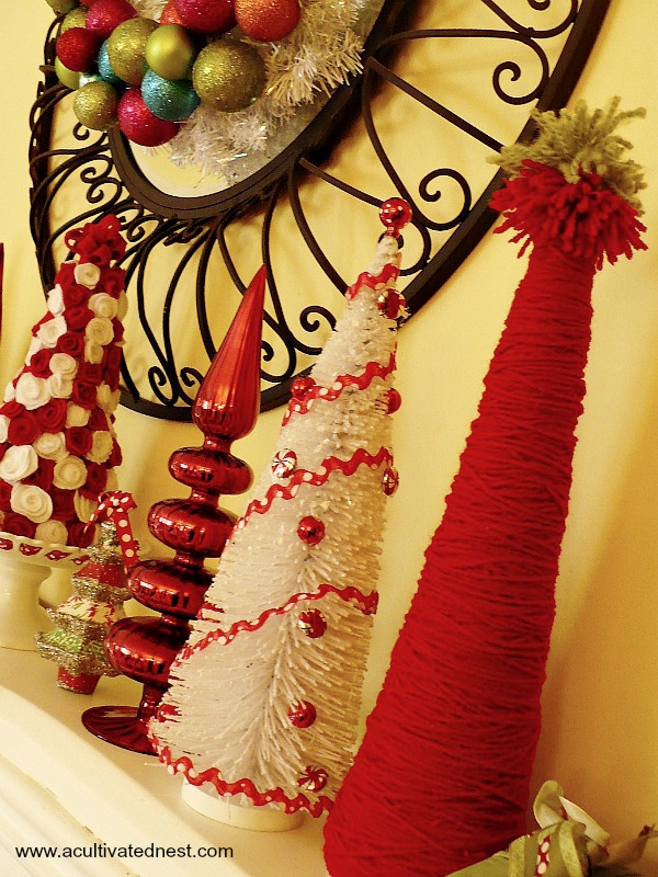 Cute DIY red yarn trees | Fun Christmas Mantel