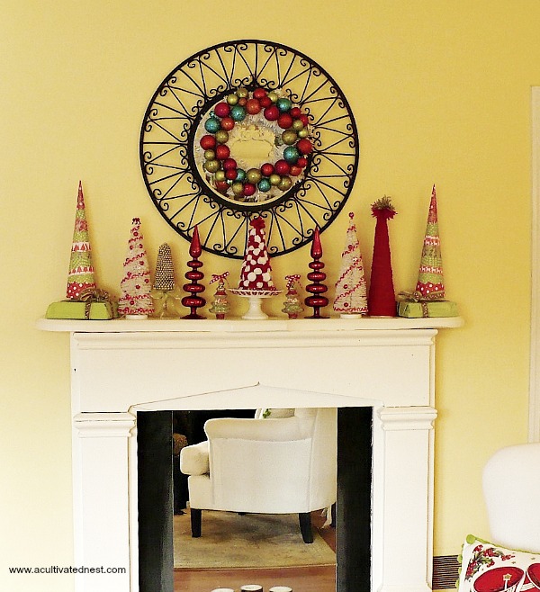 Colorful Christmas mantle - DIY Christmas Decorations - lots of handmade trees (made from paper, felt and yarn)