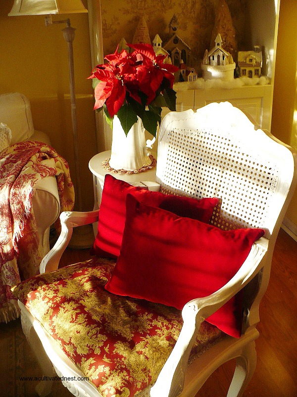 Thrifted chair with toile seat and red velvet pillows.