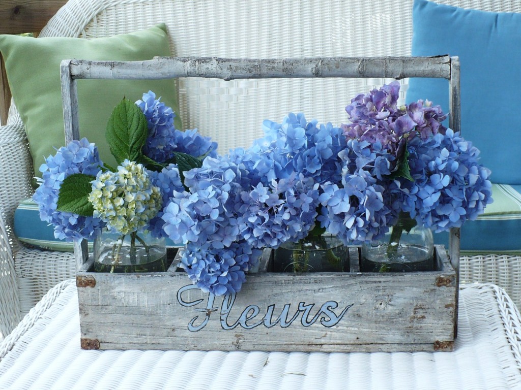 hand painted plant carrier filled with hydrangeas