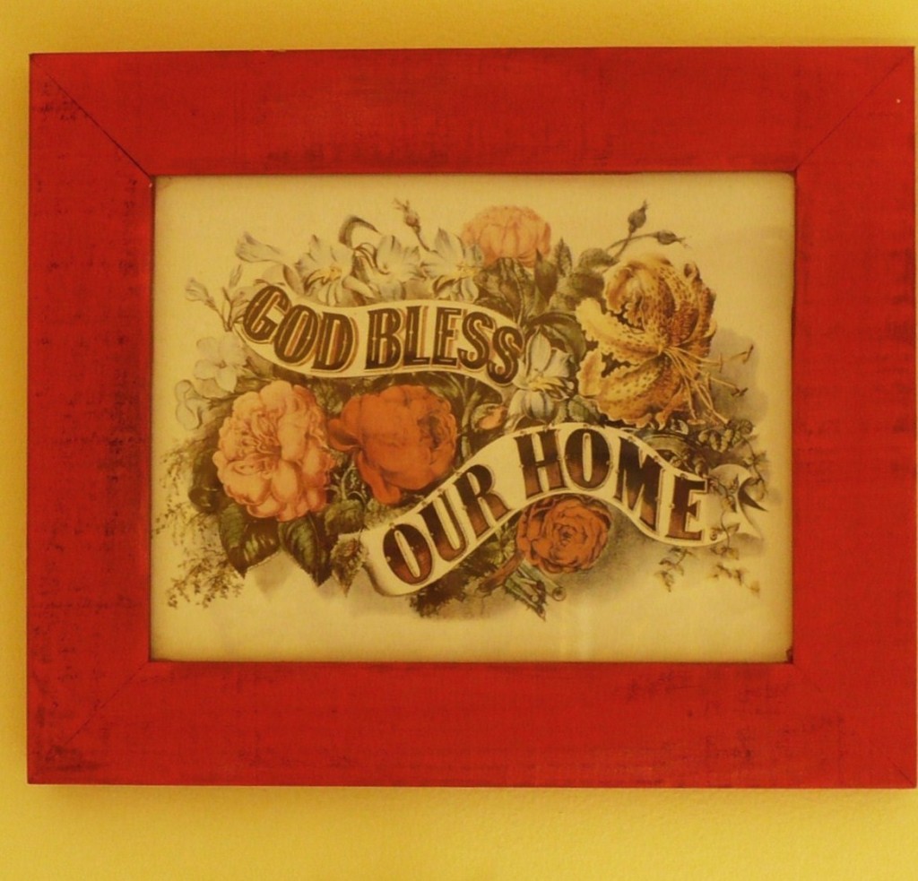 vintage print of God Bless Our Home in red frame