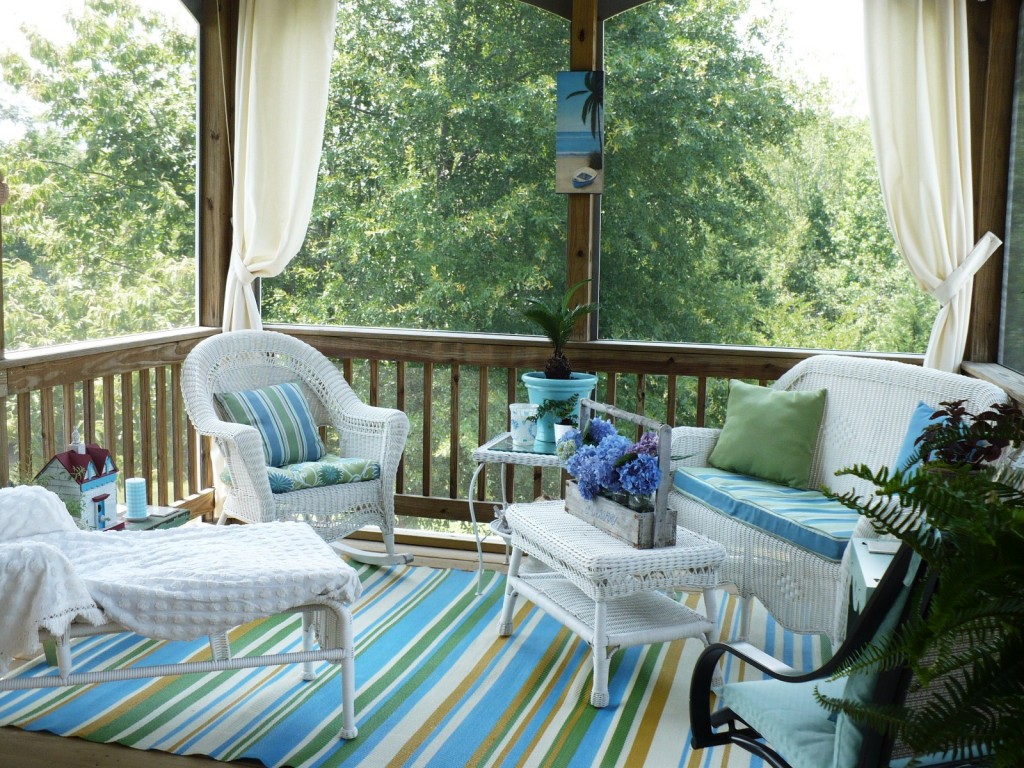 blue and white screened porch
