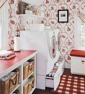 red and white laundry room