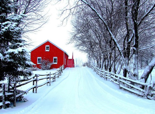 red barn in the snow