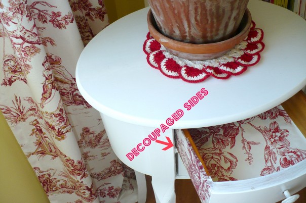 drawer decoupaged with red toile wallpaper