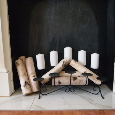 candles in faux fireplace