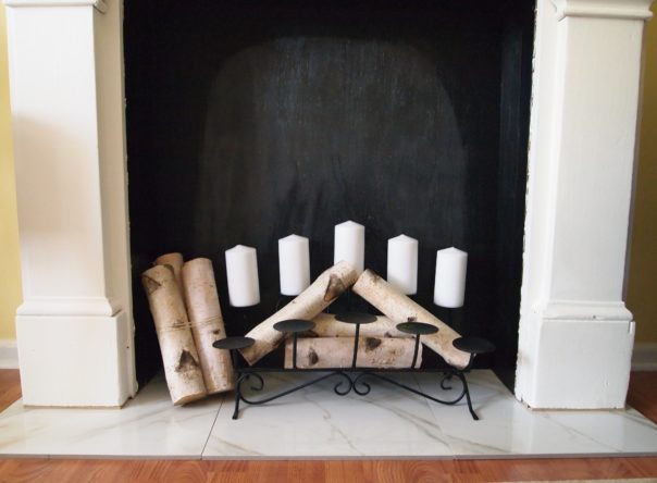 candles in faux fireplace