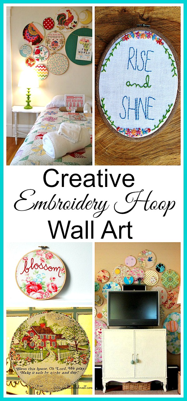 Creative Embroidery Hoop Wall Art - Hoops make great instant & inexpensive frames.  Plus they come in all different sizes and are very light weight making them easy to hang. #diy #diyhomedecor #crafts #wallart #budgetdecorating