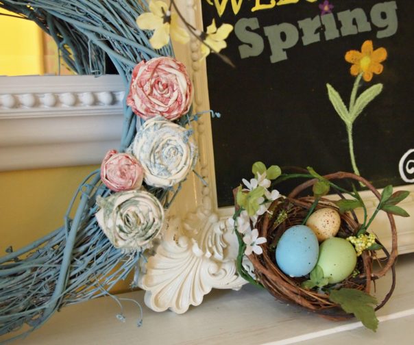 rolled fabric flowers on a spring wreath