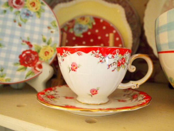 red vintage rose tea cup