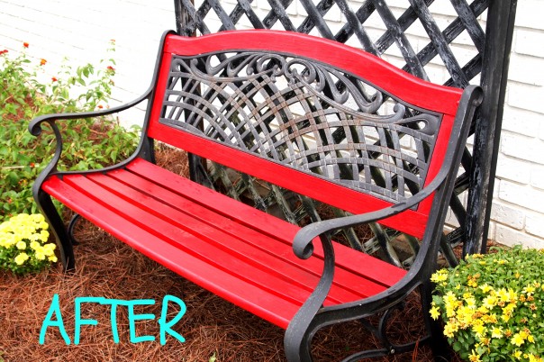 red garden bench