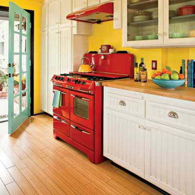 red stove in cottage kitchen