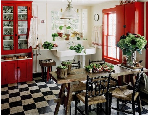 red and black and white small kitchen