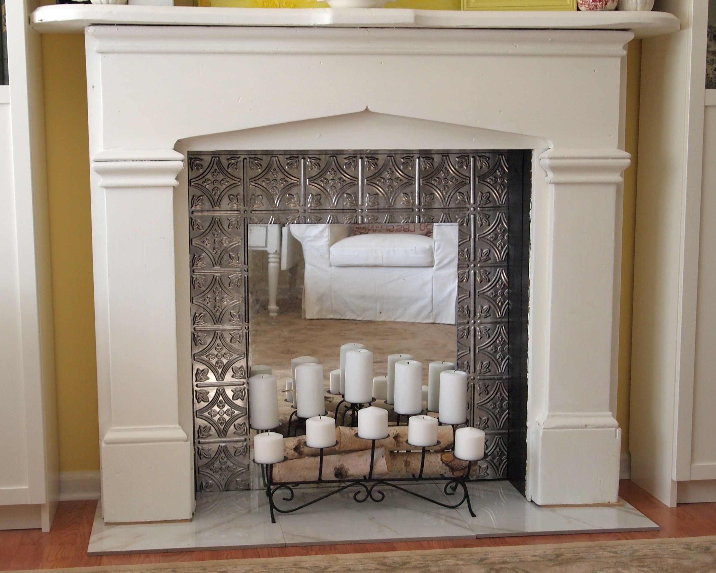 fireplace faux ceiling hearth tin silver tiles marble