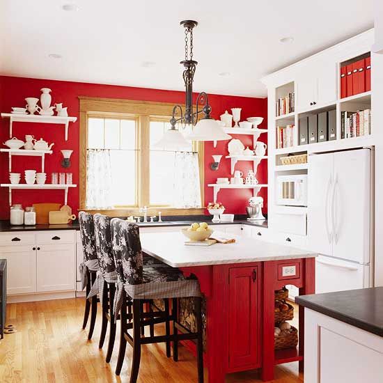 red and black and white small kitchen