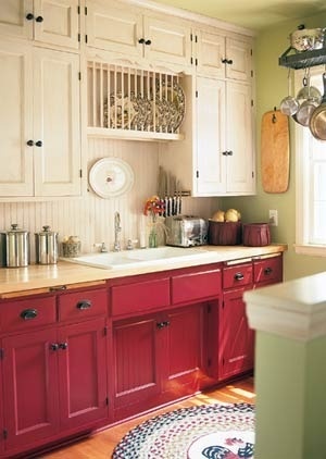 red and black and white small kitchen