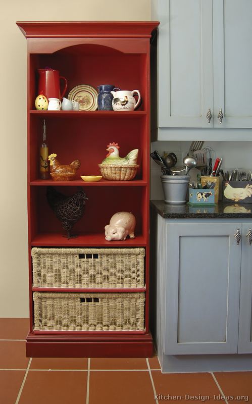 white & red cottage kitchen designs | red bookcase in kitchen