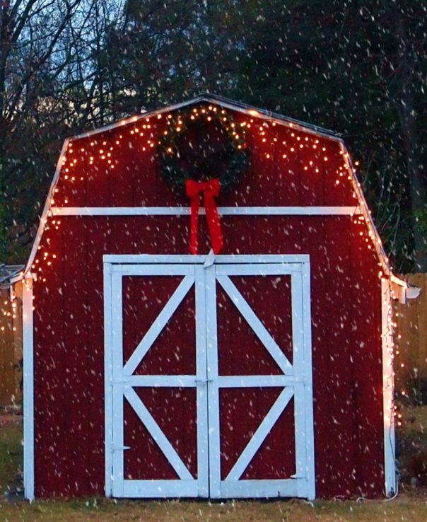 barn with snowflakes