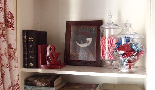 Easy Christmas Decorating ideas like filling apothecary jars with ribbon and Christmas Candy