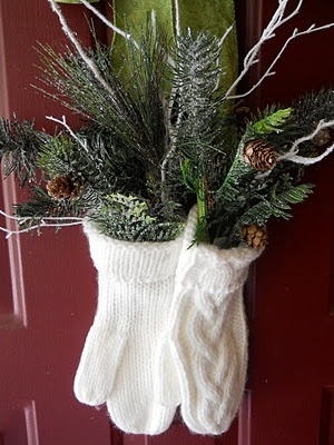 Easy Christmas decorating idea like filling a mitten with Christmas Greens (makes a cute wreath)