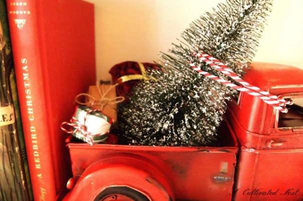 red toy farm truck & bottle brush tree