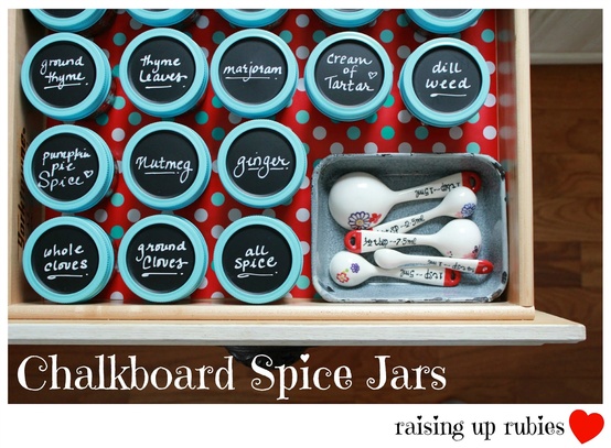 Chalkboard Spice Jars- Get your spices organized quickly and easily with these great spice cupboard organization ideas! Spice drawer organizing tips also included! | spice cabinet organization, spice drawer organizing hacks, how to organize your spices, kitchen organizing ides, #organizingTips #organization #ACultivatedNest