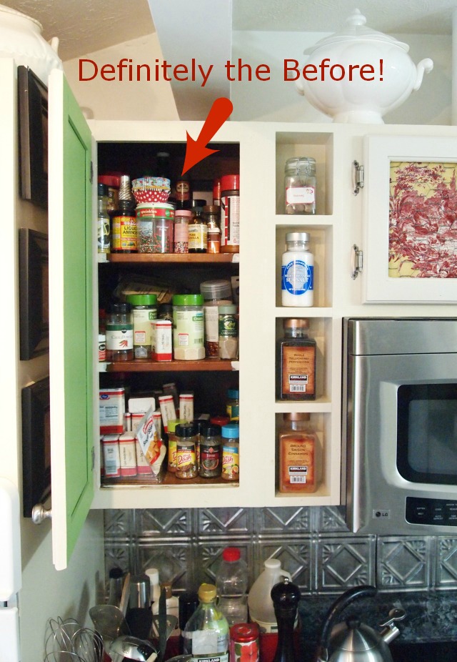 Spice Cabinet Before- Get your spices organized quickly and easily with these great spice cupboard organization ideas! Spice drawer organizing tips also included! | spice cabinet organization, spice drawer organizing hacks, how to organize your spices, kitchen organizing ides, #organizingTips #organization #ACultivatedNest