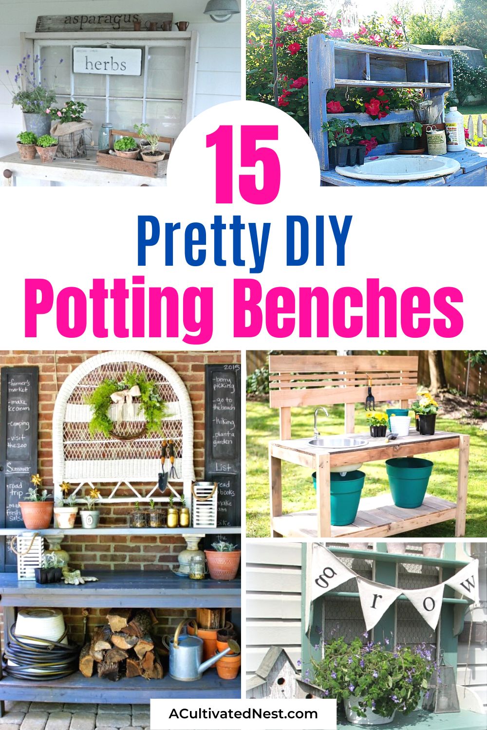 15 Pretty DIY Potting Bench Ideas- Looking for a new DIY project for your garden? Check out these stunning DIY potting bench ideas! From rustic and charming to sleek and modern, there's a design to suit every style. Get ready to transform your outdoor space with these inspiring ideas! | #gardenDIY #gardening #pottingBench #diyProjects #ACultivatedNest