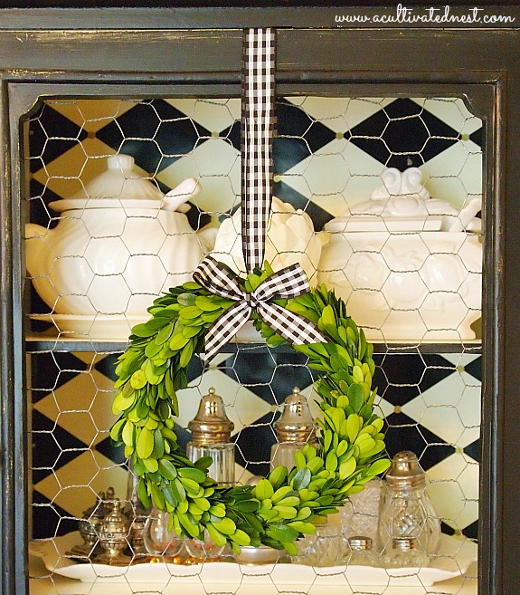 preserved boxwood wreath with gingham ribbon