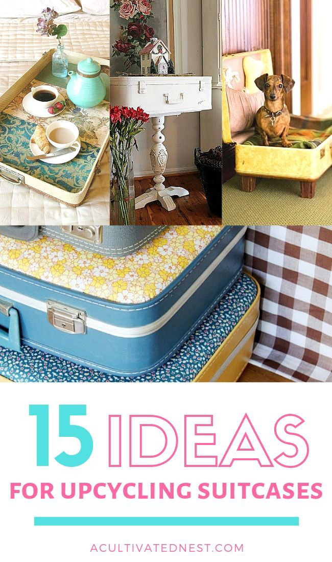 15 Cool Ways To Decorate With Vintage Luggage- If you want to repurpose some old luggage, you have to check out thee 15 clever ways to upcycle suitcases! | DIY decor, DIY dog bed, decorating with suitcases, #DIY #upcycle #repurpose #reuse #ACultivatedNest