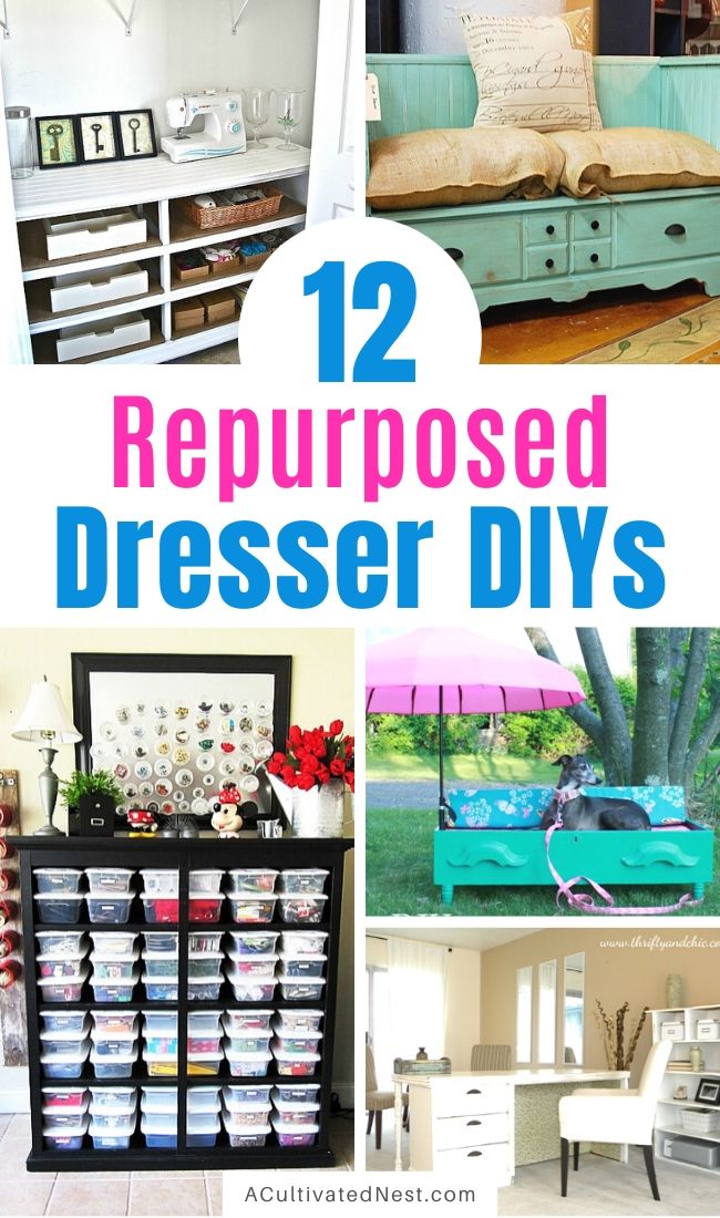 12 Clever Ways to Repurpose a Dresser- If you have an old dresser, don't throw it out! Instead, upcycle it with one of these beautiful and clever ways to repurpose a dresser! | #DIYProject #upcycle #repurpose #furnitureDIY #ACultivatedNest