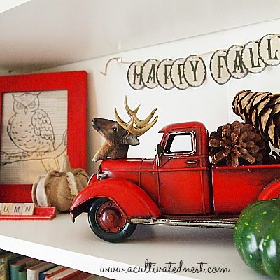 shelf decorated with easy and frugal fall decorating ideas