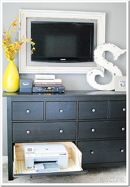 Hide Away Printer Repurposed Dresser- If you have an old dresser, it could be turned into something new, useful, and beautiful! For inspiration, check out these 12 clever ways to repurpose an old dresser! | DIY furniture makeover, upcycle a dresser, #repurpose #upcycle #furniture #DIYProject #ACultivatedNest