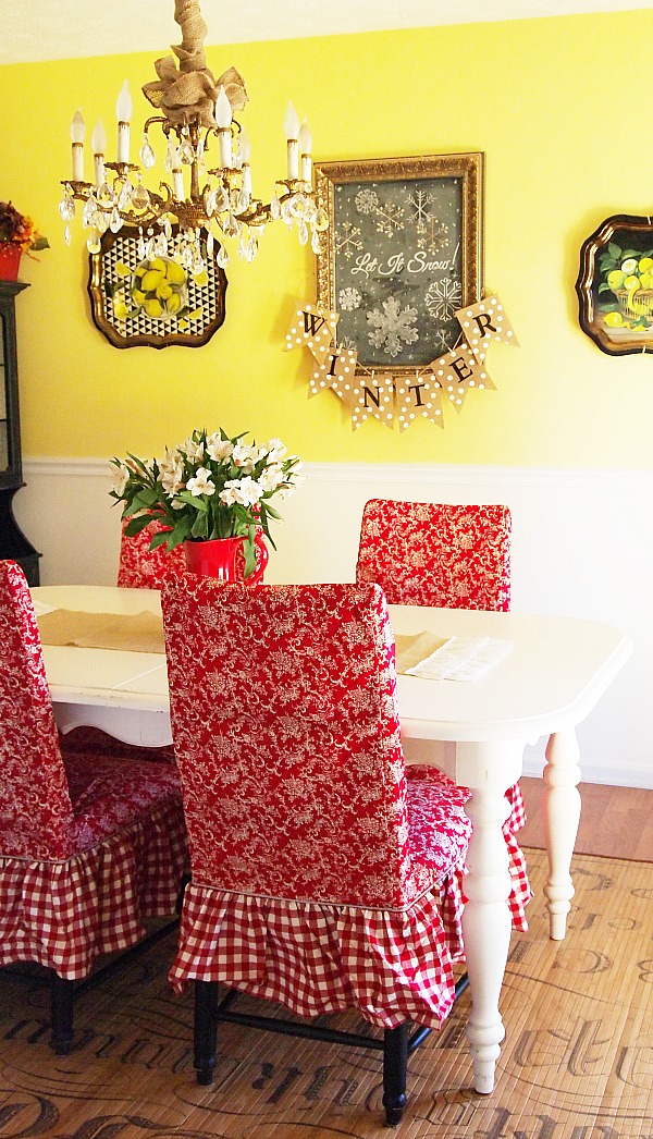 slipcovered dining room chairs & burlap accents