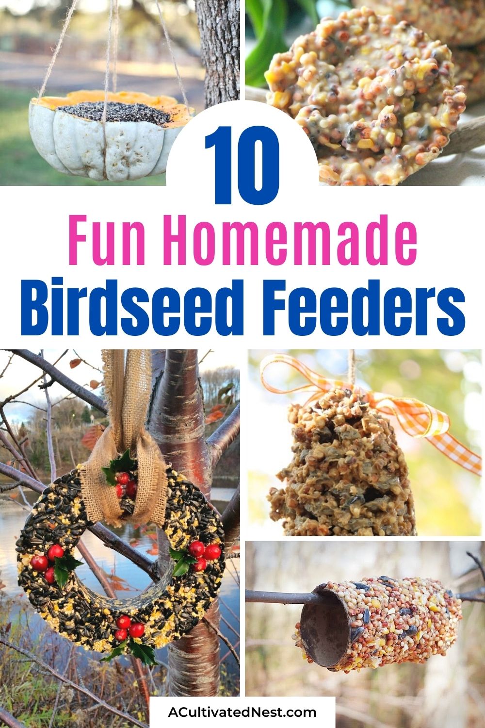 10 Homemade Birdseed Feeders- These 10 DIY birdseed feeders are fun to make and will help attract all kinds of beautiful birds to your yard! These make great kids crafts, too! | #birdseedFeeder #homemadeBirdFeeder #crafts #diyProjects #ACultivatedNest