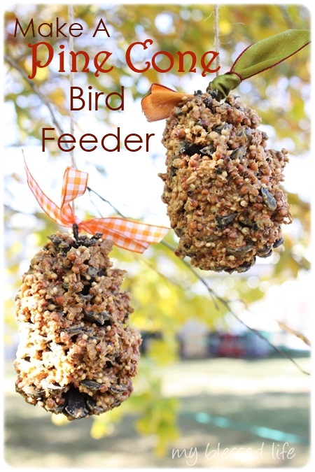 How to Make a Pine Cone Bird Feeder- These 10 fun DIY birdseed feeders will help attract all kinds of beautiful birds to your yard! These make great kids crafts, too! | #kidsCrafts #birdseedFeeder #homemadeBirdFeeder #DIY #ACultivatedNest