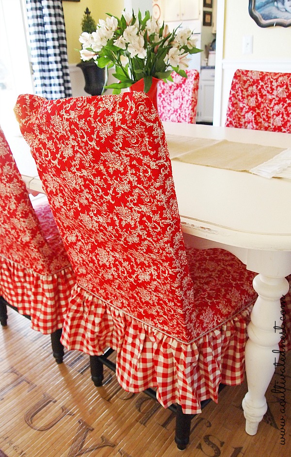 red toile and checks dining room chair slipcover