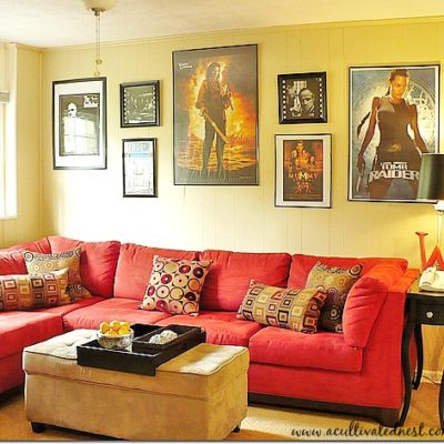 Media room with red sectional