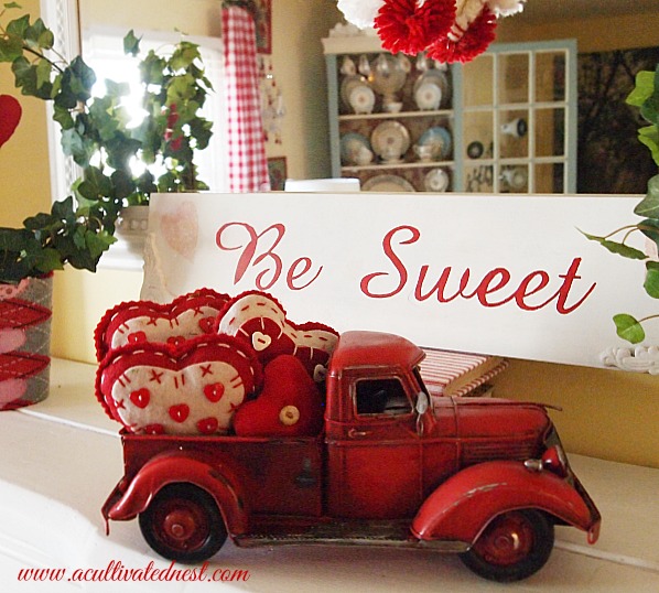 Valentine' Day Mantel - red truck filled with felt hearts