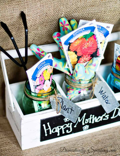 Mason Jar Gardening Gift Set- Forget the lines this year, these 10 Pretty Mother's Day Gifts Using Jars will warm mom's heart. They're easy to make, and are gifts she's sure to love! | Mother's Day gift ideas, #mothersDay #diyGifts #homemadeGifts #masonJarGifts #ACultivatedNest