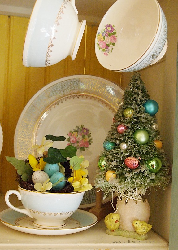 Easter Decorating Ideas: Easter bottlebrush tree and blue plates