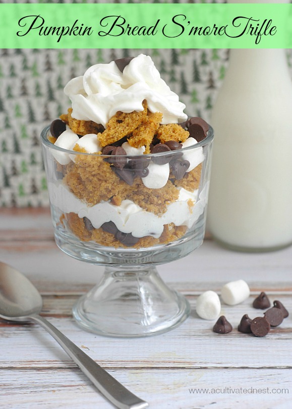 Individual Pumpkin Bread S'more Trifle! Here's a tasty take on a summer time campfire treat that uses pumpkin! Fall desserts, pumpkin desserts, mini desserts, s'mores