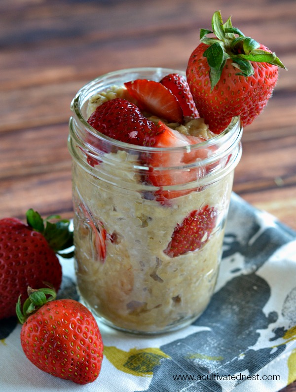 If you're usually busy in the morning, you should try a grab and go breakfast! A tasty and healthy one that I love is chilled strawberry and nut oatmeal!