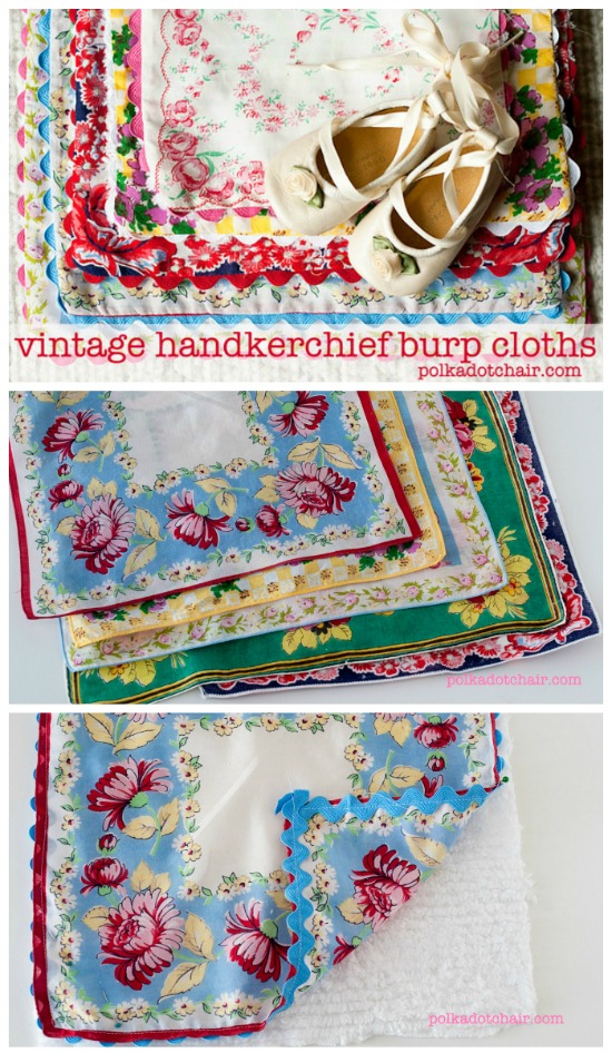 DIY Vintage Handkerchief Burp Cloths- Found some pretty old hankies? Don't keep them stored away! Instead, check out these 10 awesome ways to repurpose vintage hankies! #repurpose #upcycle #diy #sewing #recycle #reuse #sewingProject #diyProject #craft #vintage