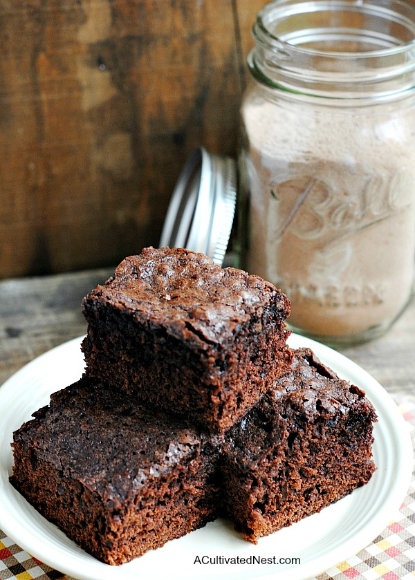 Thick chewy brownies made from scratch! Ridiculously easy brownie mix that so much better than boxed and would make a great gift!