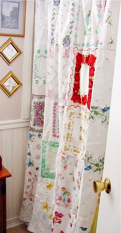 Hankie Shower Curtain- Found some pretty old hankies? Don't keep them stored away! Instead, check out these 10 awesome ways to repurpose vintage hankies! #repurpose #upcycle #diy #sewing #recycle #reuse #sewingProject #diyProject #craft #vintage