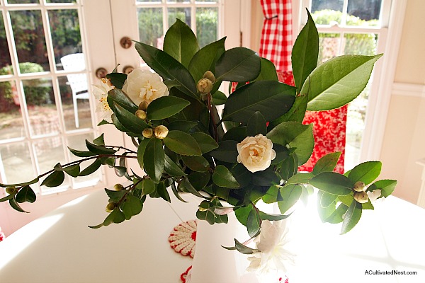 Freshly picked camellias from the garden