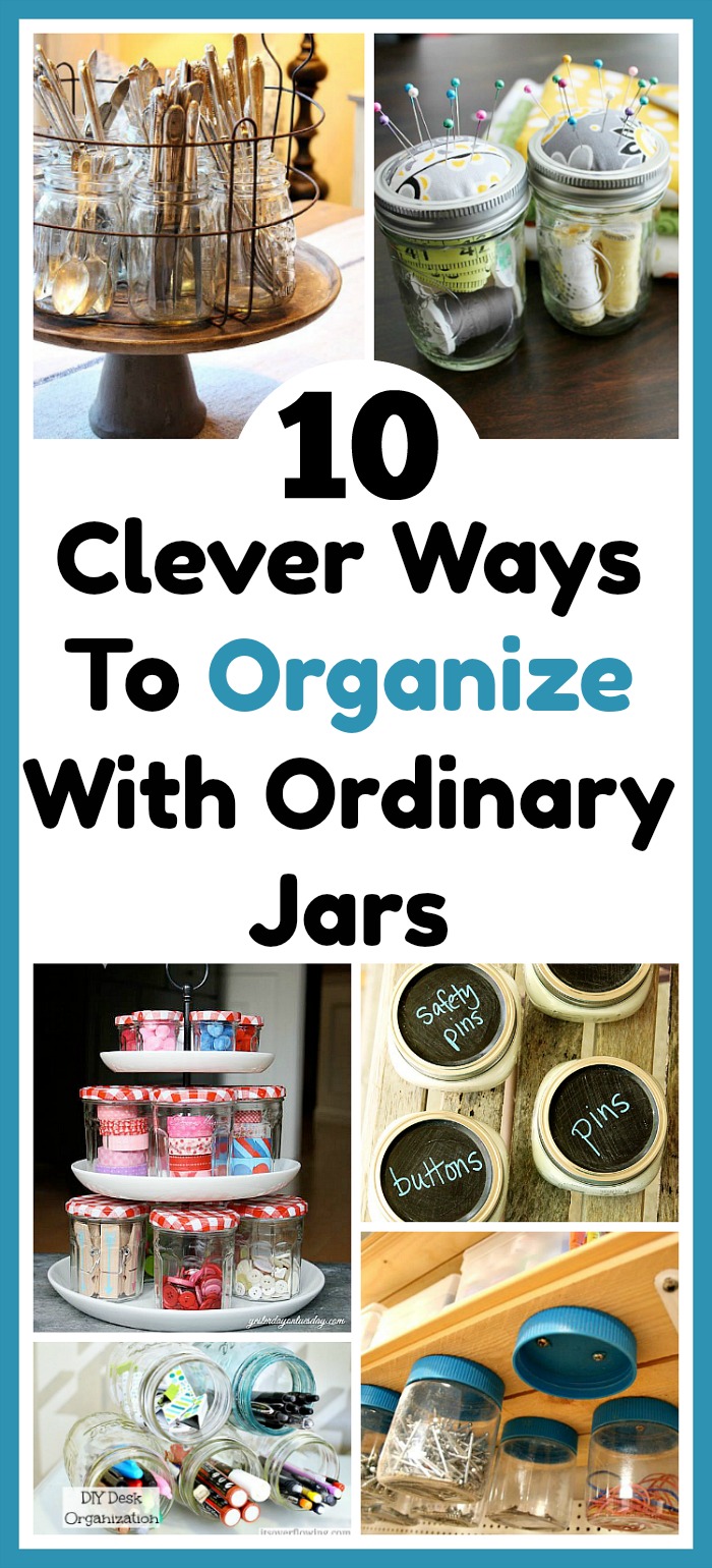 14 Ways To Organize Your Home With Jars- Jars are not only functional but look pretty. They're also affordable (especially if you re-purpose jars you already have or pick them up at thrift stores/garage sales). Check out these 10 creative ways to organize your home with jars! | home organization, organizing ideas, kitchen organization, home storage ideas, frugal organizing ideas #organization #storageIdeas #ACultivatedNest